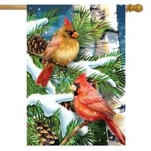 Snowy Cardinals Winter House Flag Pines Cones 28" x 40" Briarwood Lane