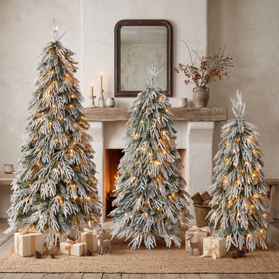 Snowy Cascading Christmas Tree Set, 3-Piece Flocked Artificial Trees with Warm White LED Lights, Weeping Branches, Indoor Holiday Decor