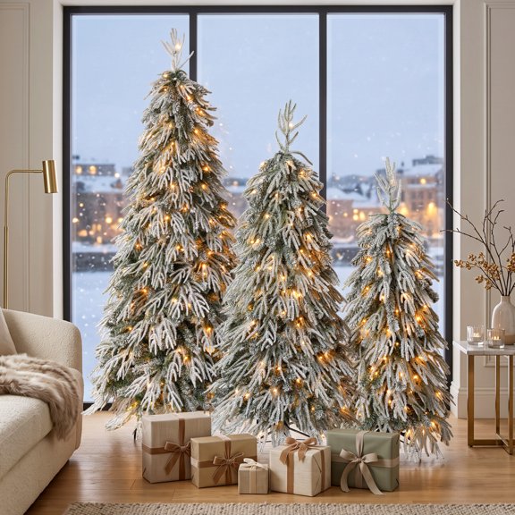 Snowy Cascading Christmas Trees 3-Piece Set with Control Lighting, Flocked Weeping Branches, and Multi-Level Forest Display for Holiday Home Dcor
