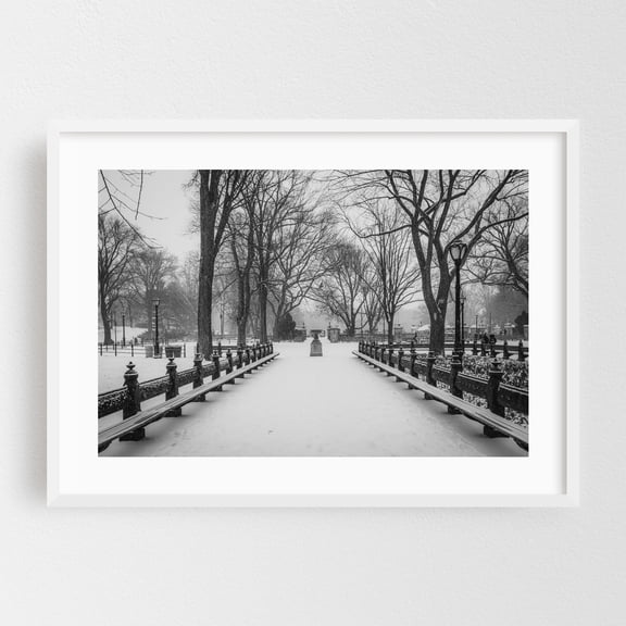 Snowy Central Park 03 B&W - Manhattan New York Photography Black and White Winter Snow Scenic Landscape City White Framed Wall Art Print 5 x 7 inches