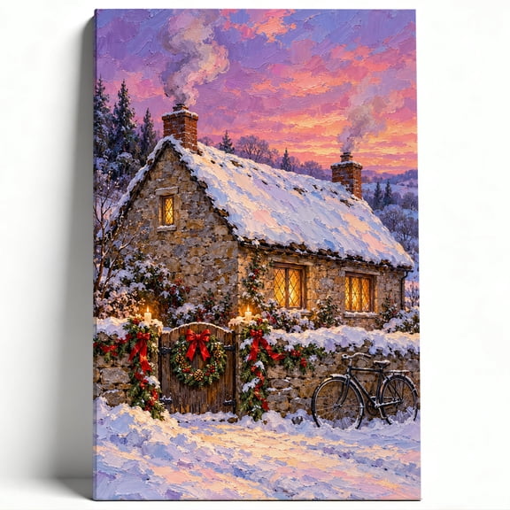 Snowy Christmas Cottage Canvas Wall Art, Winter Sunset Country Landscape Print for Living Room and Entryway, Ready to Hang small wall art 8x12 poster framed