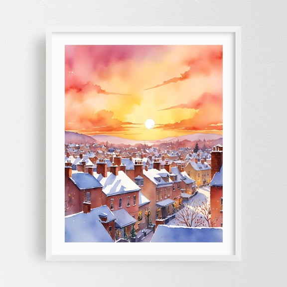 Snowy Christmas Morning Sunrise - India Photography Winter Sunset Snow Landscape Scenic Architecture White Framed Wall Art Print 6 x 8 inches