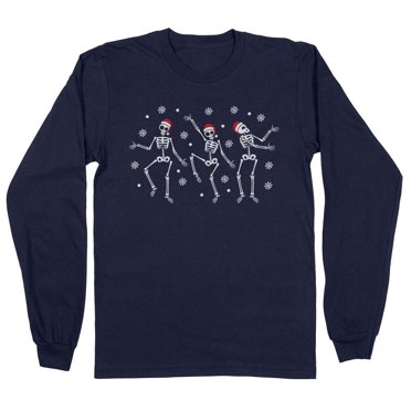 Snowy Christmas Skeletons Long Sleeve Shirt Unisex Small Navy