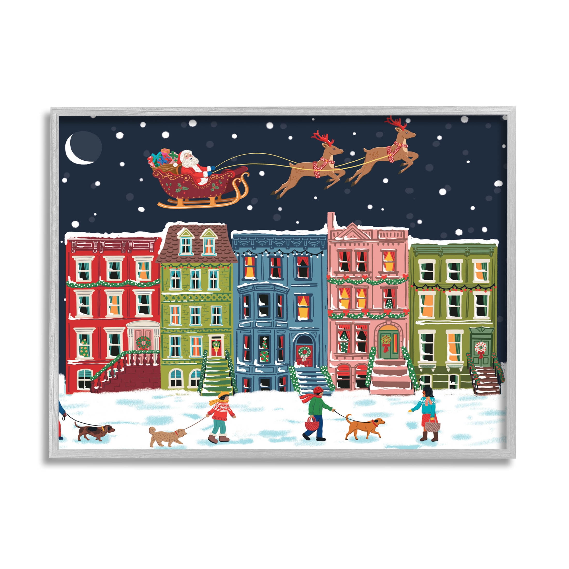 Snowy Christmas Town Santa Overhead Holiday Graphic Art Gray Framed Art Print Wall Art