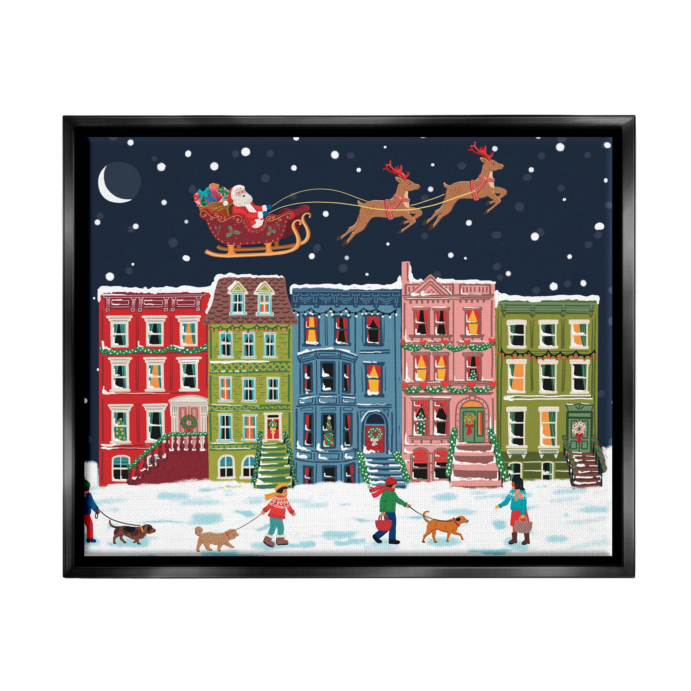 Snowy Christmas Town Santa Overhead Holiday Graphic Art Jet Black Framed Art Print Wall Art