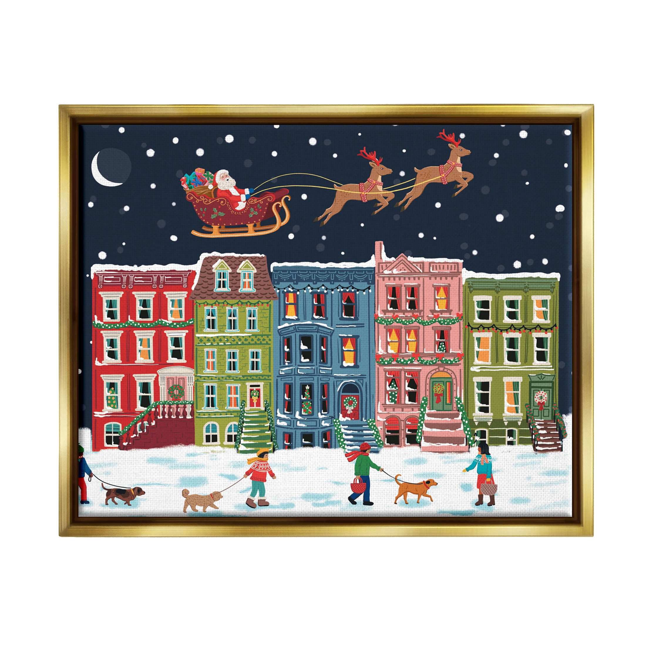 Snowy Christmas Town Santa Overhead Holiday Graphic Art Metallic Gold Framed Art Print Wall Art