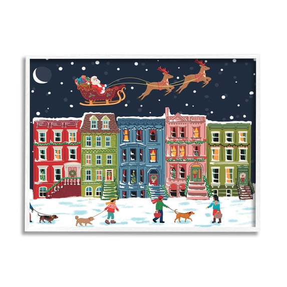 Snowy Christmas Town Santa Overhead Holiday Graphic Art White Framed Art Print Wall Art