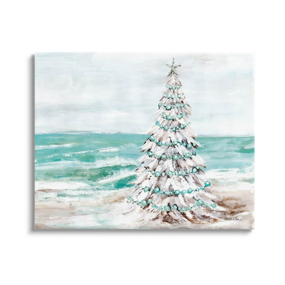 Snowy Christmas Tree Beach Shore Holiday Painting Gallery Wrapped Canvas Print Wall Art