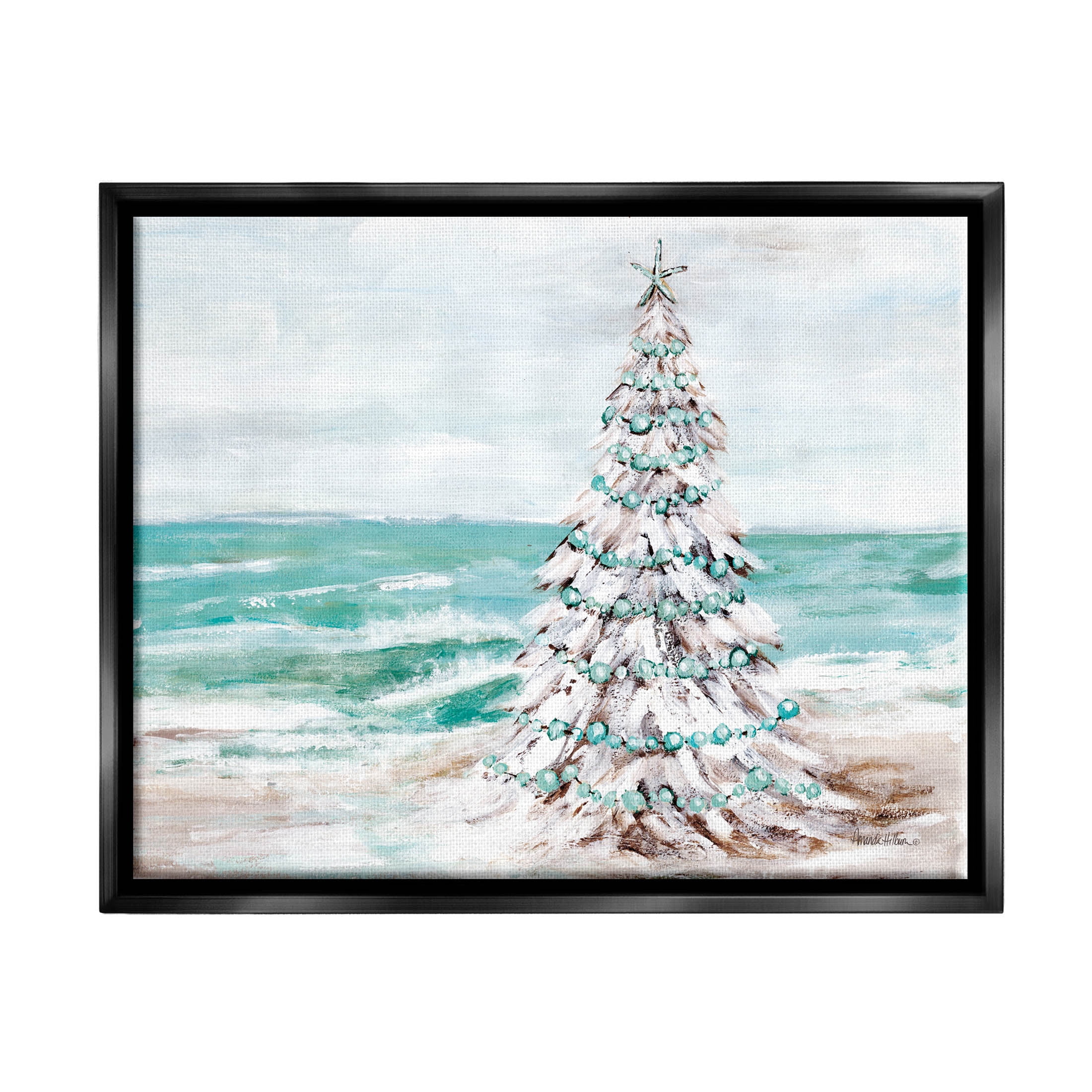 Snowy Christmas Tree Beach Shore Holiday Painting Jet Black Framed Art Print Wall Art