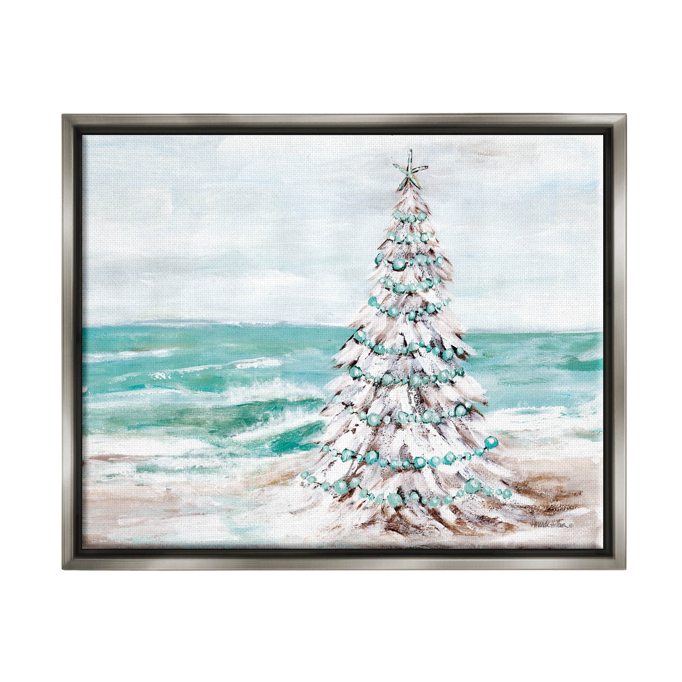 Snowy Christmas Tree Beach Shore Holiday Painting Luster Gray Framed Art Print Wall Art