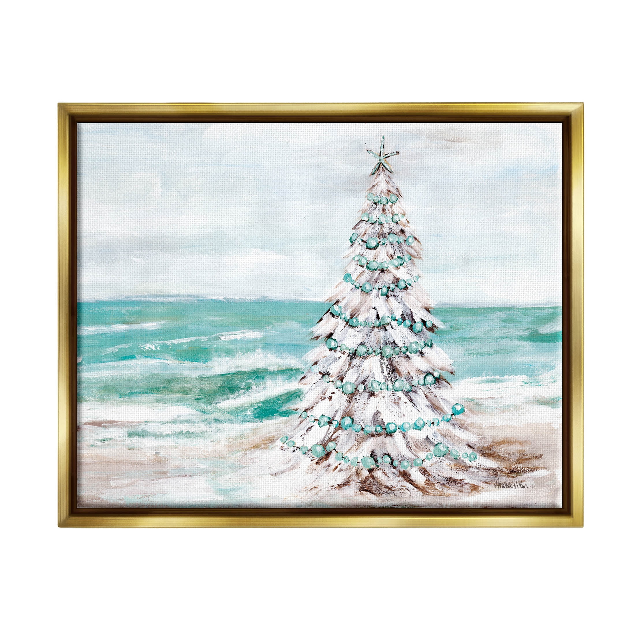 Snowy Christmas Tree Beach Shore Holiday Painting Metallic Gold Framed Art Print Wall Art