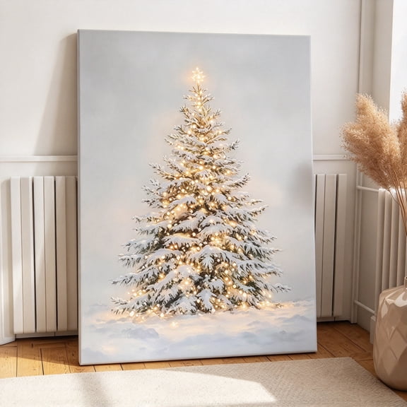 Snowy Christmas Tree Canvas Wall Art, Vintage Winter Pine Tree with Warm Fairy Lights Canvas Print, Farmhouse Christmas Holiday Wall Decor for Living Room Bedroom