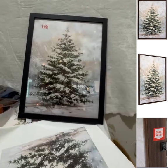 Snowy Christmas Tree With Luminous Decorative Painting,Snowy Christmas Tree Glowing Canvas Wall Art - Luminous Festive Painting For Holiday Home Decor, 20.86X14.96 Inch Wood Frame Lighted Design