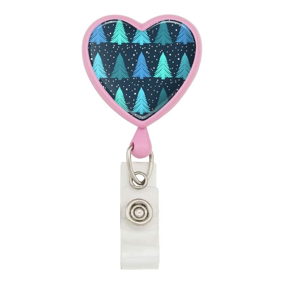 Snowy Christmas Trees Pattern Heart Lanyard Retractable Reel Badge ID Card Holder