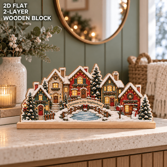 Snowy Christmas Village Layered Wooden Block for Holiday Tabletop Decor