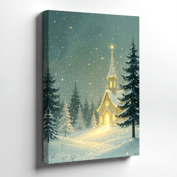 Snowy Church Forest Landscape Wall Art Print, Winter Decor