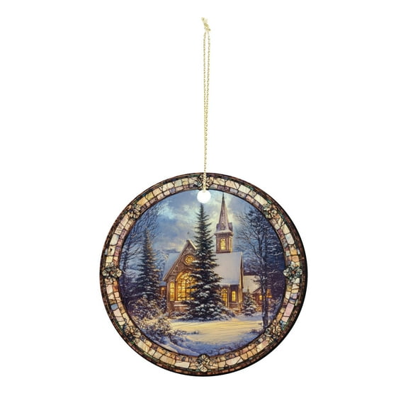 Snowy Church at Night Christmas ornament, Christmas decoration, holiday present idea, heirloom keepsake, round ceramic, gift Exchange, bauble present, gift idea