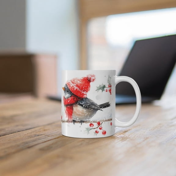 Snowy Cistmas Bi Mug, Cute Winter Bi on H Branch Coffee Cup, day Dr Ceramic Mug, Pretty Cistmas Gift Mug, Fe.