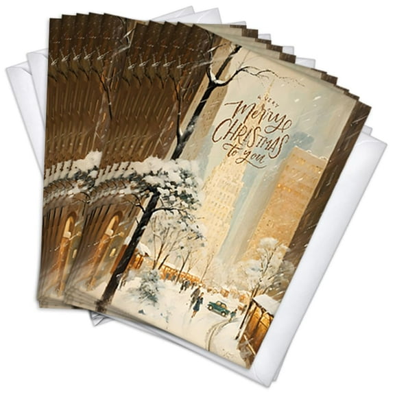 Snowy City Scene Vintage Retro Holiday Greeting Cards | 10 Pack Bulk Set (4x6)