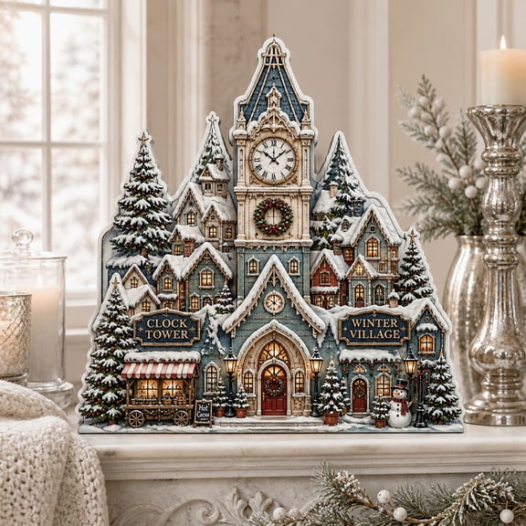 Snowy Clock Tower Village Wooden Block Tabletop Display for Christmas Mantel
