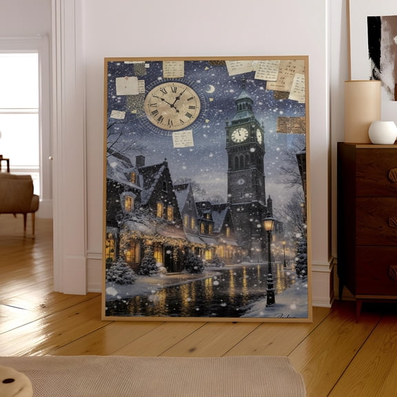 Snowy Clock Tower Wall Art Print, Magical Winter Town Scene,Seasonal Wall Decor, Cozy Festive Night Print Home Decor #2586, Unframed Poster Size 8x12