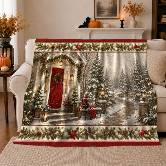 Snowy Cottage Christmas Wreath Winter Holiday Festive, Festive Holiday Scene, Warm Flannel Blanket for Living Room and Reading Nook, Art Lovers Christmas Gift, Festive Home Decor