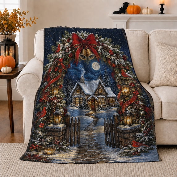 Snowy Cottage Gate with Red Bow and Moon, Nostalgic Winter Style for Christmas Lovers, Holiday Village Entry and Christmas Gift, Cozy Flannel Blanket for Family Room and Cabin, Home Decor