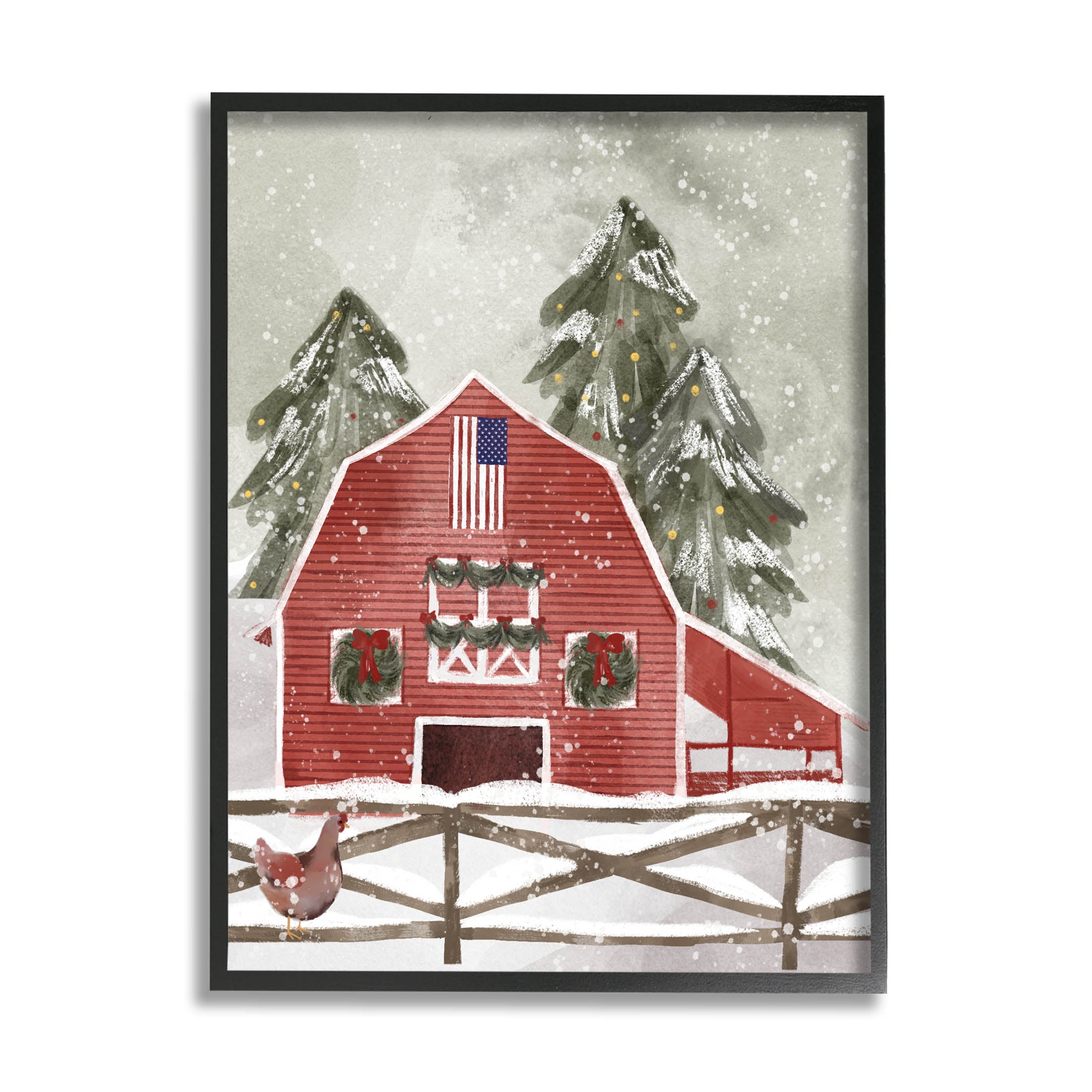 Snowy Country Barn American Flag Holiday Graphic Art Black Framed Art Print Wall Art