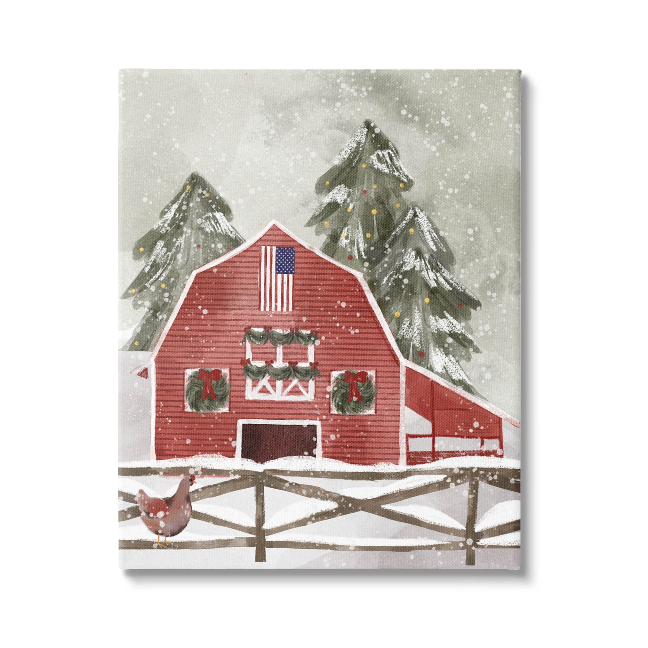 Snowy Country Barn American Flag Holiday Graphic Art Gallery Wrapped Canvas Print Wall Art