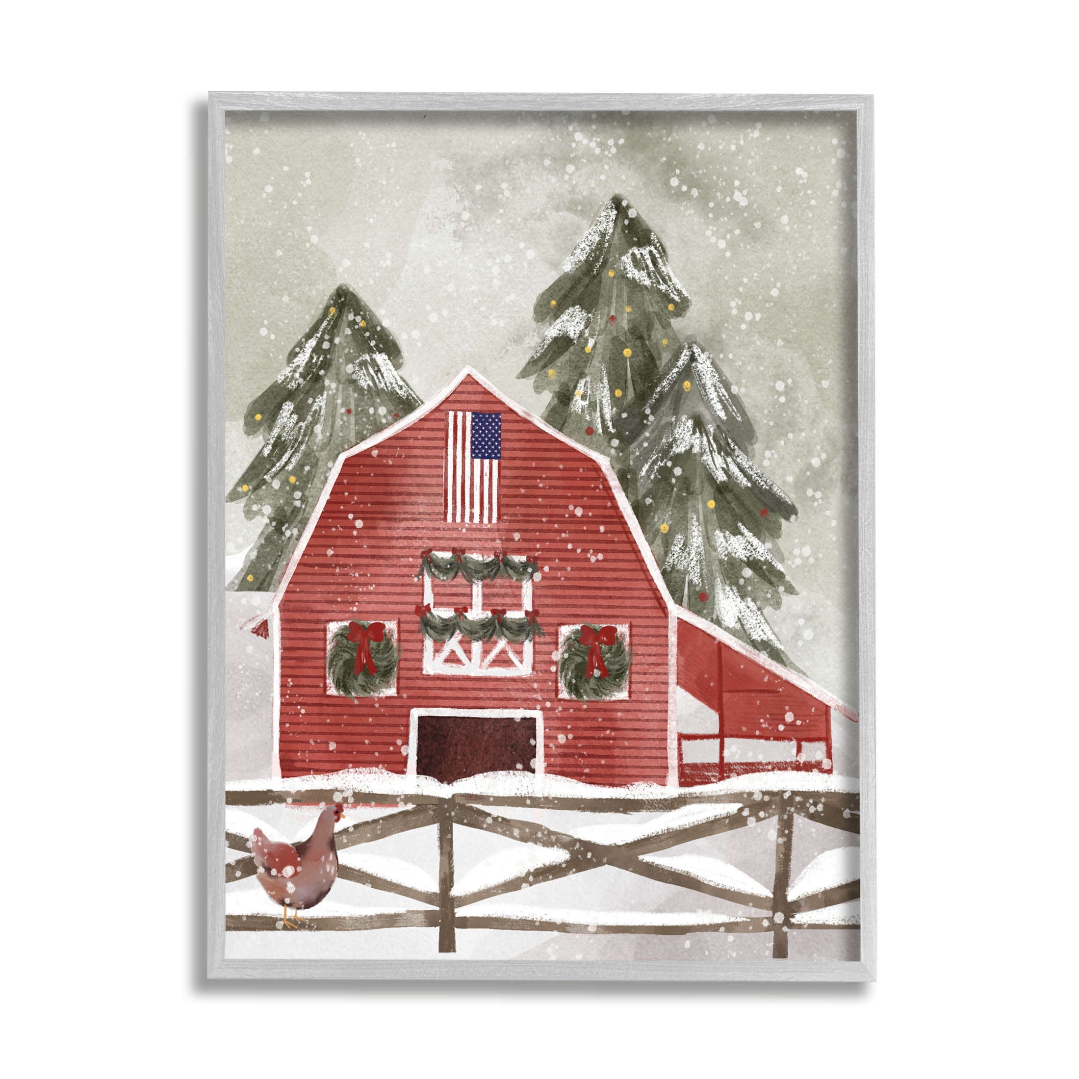 Snowy Country Barn American Flag Holiday Graphic Art Gray Framed Art Print Wall Art