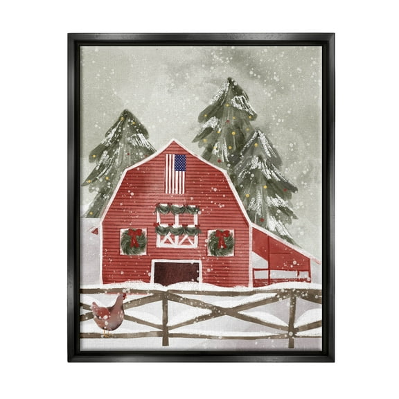 Snowy Country Barn American Flag Holiday Graphic Art Jet Black Framed Art Print Wall Art