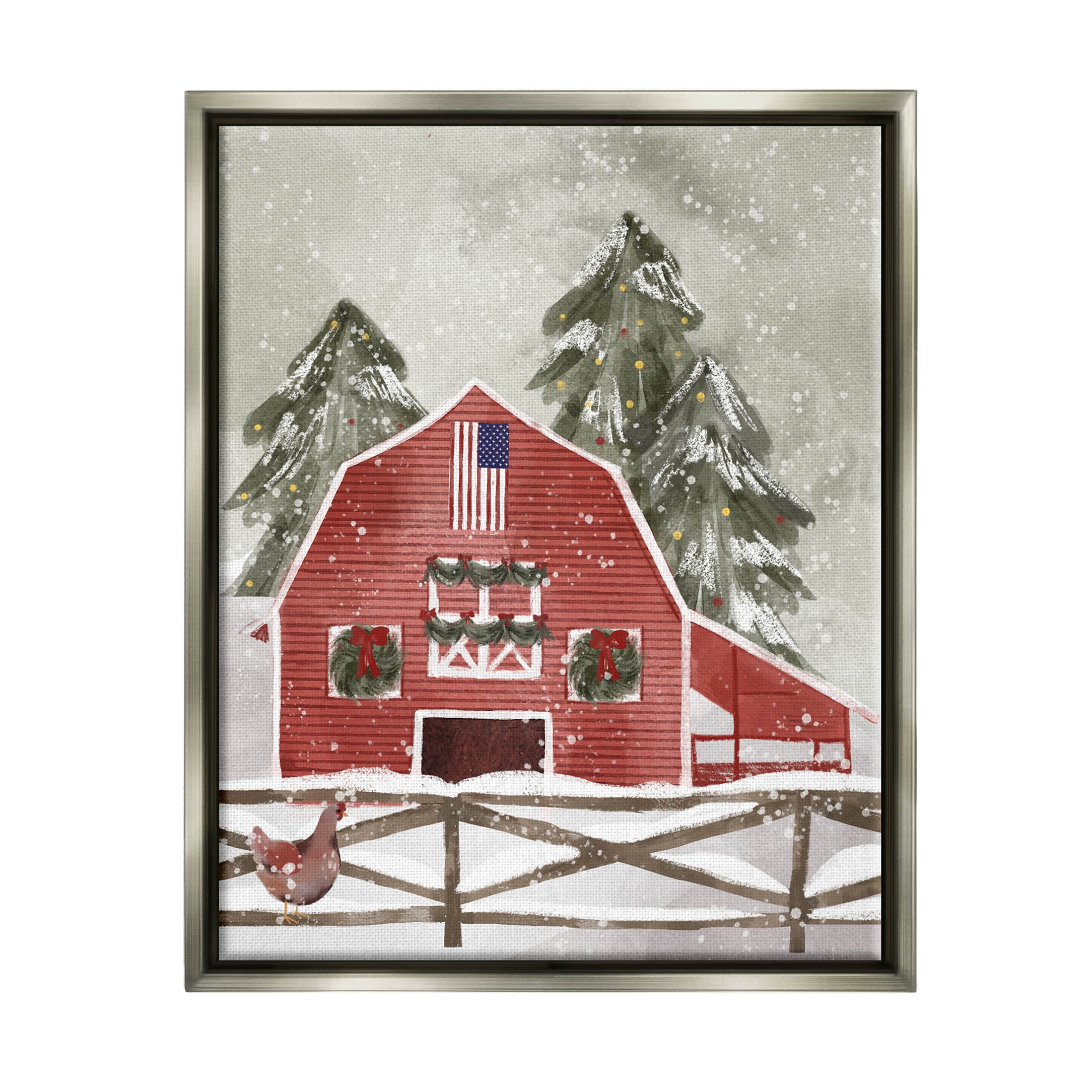Snowy Country Barn American Flag Holiday Graphic Art Luster Gray Framed Art Print Wall Art