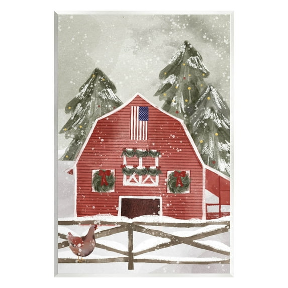 Snowy Country Barn American Flag Holiday Graphic Art Unframed Art Print Wall Art