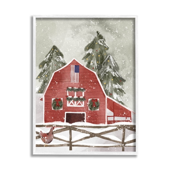 Snowy Country Barn American Flag Holiday Graphic Art White Framed Art Print Wall Art