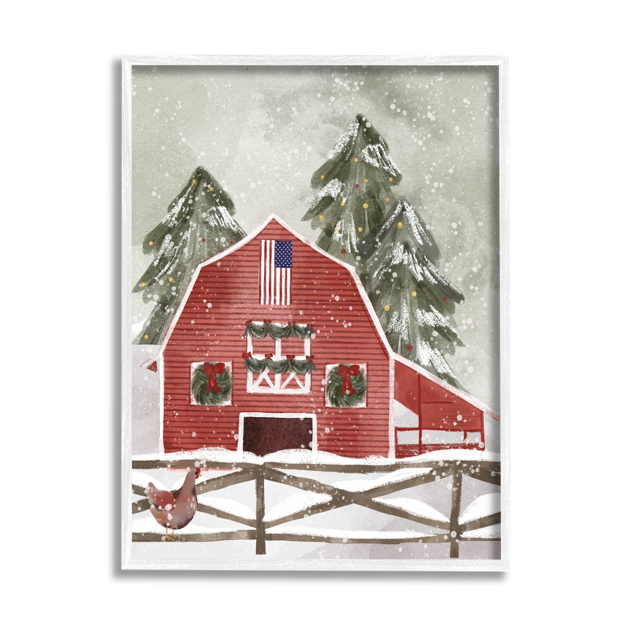 Snowy Country Barn American Flag Holiday Graphic Art White Framed Art Print Wall Art