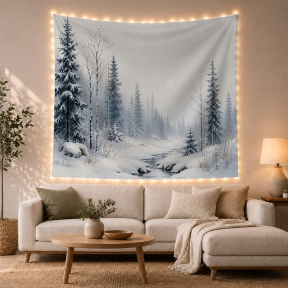 Snowy Creek in Misty Evergreen Forest, Serene Minimalist for Nature Lovers, Tranquil Winter Scene Wall Art, Christmas Gift Tapestry Wall Hanging for Living Room and Bedroom