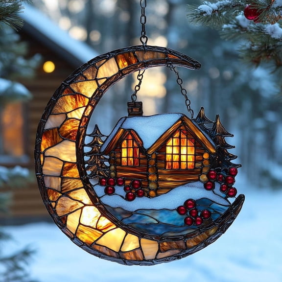 Snowy Crescent Moon Acrylic Suncatcher – Illuminated Log Cabin in Winter Forest with Red Berry Accent, Cozy Christmas Window Decor Gift