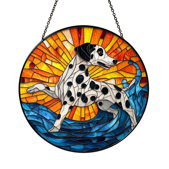 Snowy Dalmatian Glass Suncatcher Window Decor, Wintertime Canine Scene Hanging Ornament, Cozy Home Accent