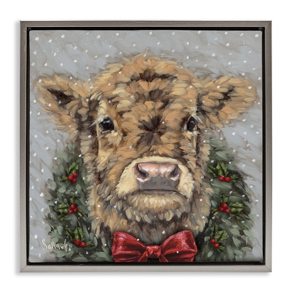 Stupell Industries Snowy Day Christmas Cow Gray Framed Floater Canvas Wall Art, design by Sara G. Designs