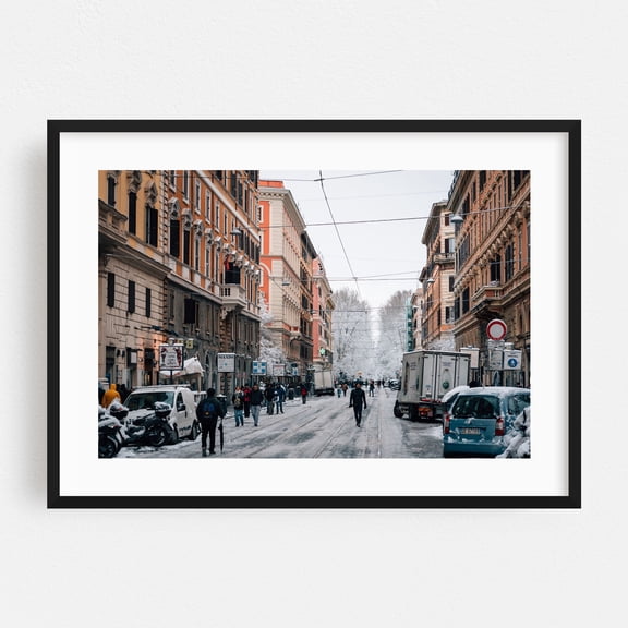Snowy Day in Prati, Rome 01 - Rome Lazio Italy Photography City Snow Architecture Winter Street Photography Italian Black Framed Wall Art Print 20 x 30 inches