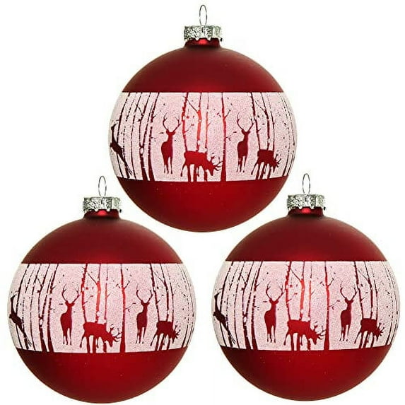 Snowy Deer Blown Glass Ornaments - Set of 3 Matte Red Ball Decorations