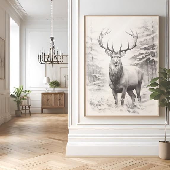 Snowy Deer Wall Art Print Buck Winter Farmhouse Decor, Unframed Paper Poster 24x36in