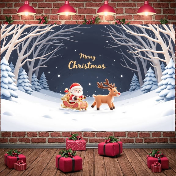 Snowy Design Merry Christmas Polyester Banner Santa Theme Sleigh with Reindeer for Holiday Celebration Indoor Decoration