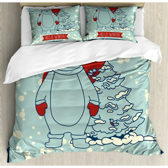 Snowy Duvet Cover Set, Hello Winter Lettering with a Bear and Scarf Pine Tree Christmas, Decorative 3 Piece Bedding Set with 2 Pillow Shams, Queen Size, Pale Blue Vermilion and Cream, by Ambesonne