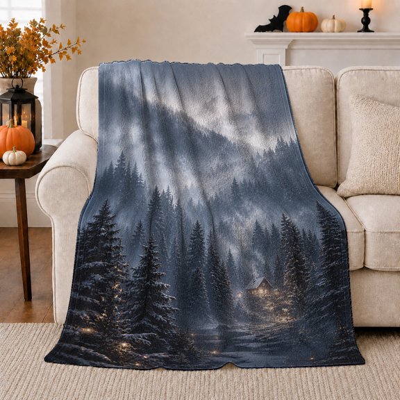 Snowy Evergreen Forest Cabin Twilight Scene Winter Mountain, Peaceful Mountain Lake Scene, Warm Flannel Blanket for Cabin and Lodge, Outdoor Lovers Camping Gift, Rustic Home Decor