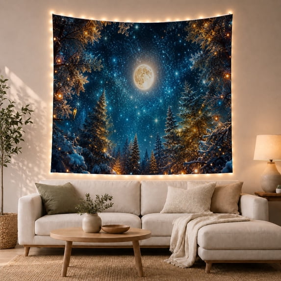 Snowy Evergreen Forest with Glowing Lanterns Under a Starry Moon, Mystical Fantasy for Astronomy Lovers, Wall Art Decor, Housewarming Gift, Tapestry Wall Hanging for Bedroom and Living Room