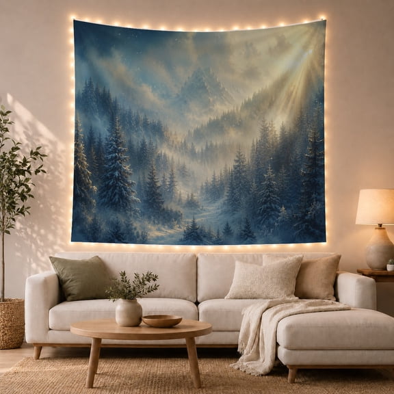 Snowy Evergreen Forest Valley in Misty Mountain Wilderness, Calming Rustic for Nature Lovers, Wilderness Landscape Wall Art, Housewarming Gift Tapestry Wall Hanging for Bedroom and Living Room