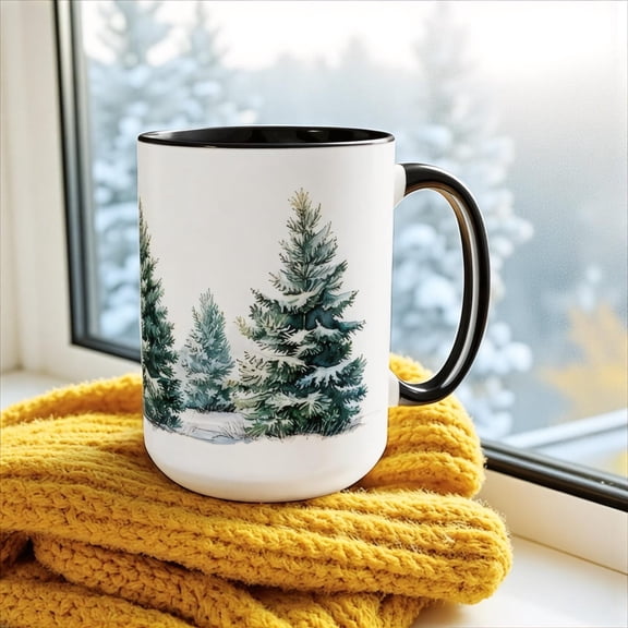 Snowy Evergreen Mug Winter Pine Tree Coffee Cup Watercolor Holiday Tea Mug Seasonal Ceramic Cup