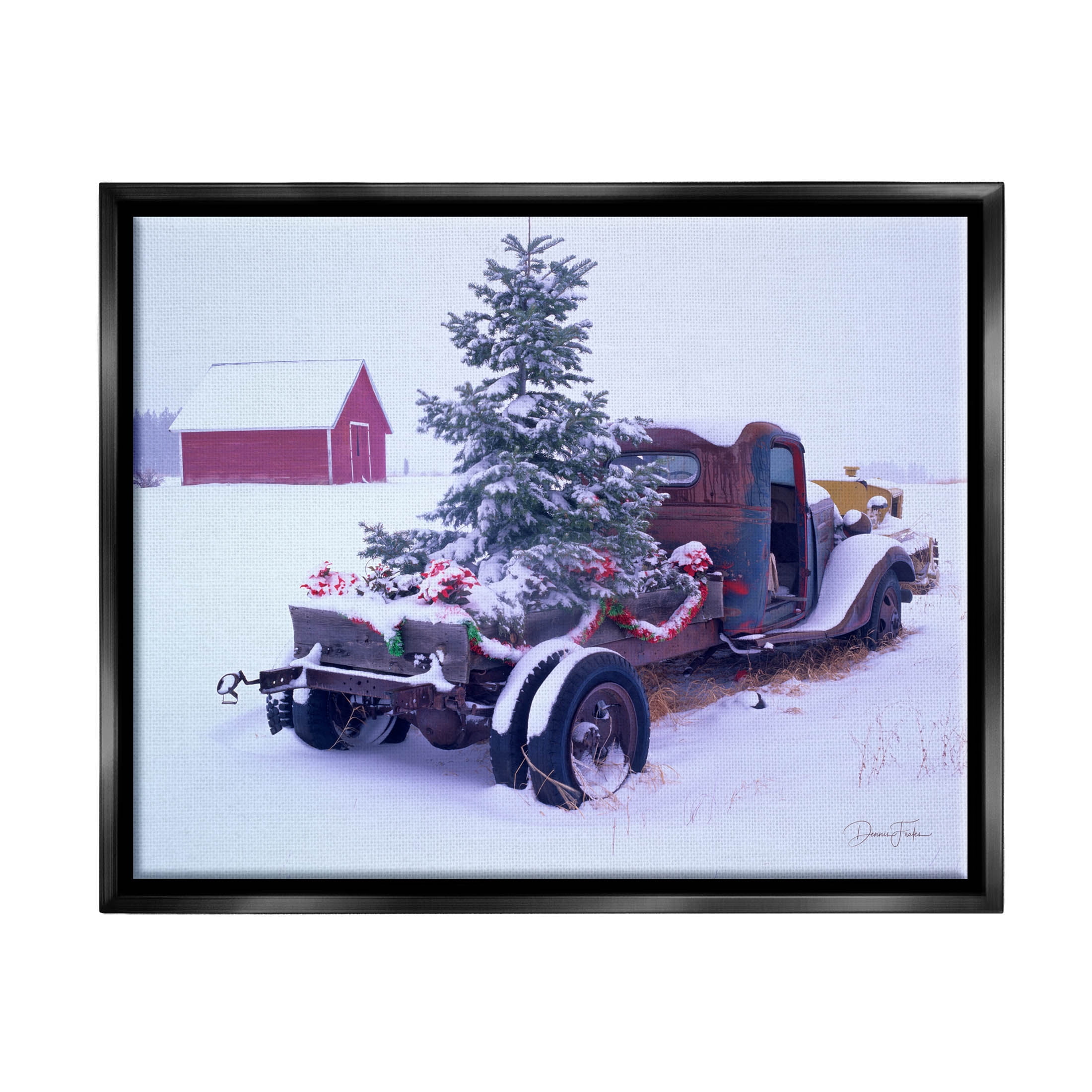 Snowy Farm Christmas Tree Landscape Holiday Graphic Art Jet Black Framed Art Print Wall Art