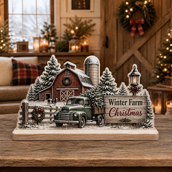Snowy Farm Christmas Wooden Block for Winter Holiday Tabletop Decor